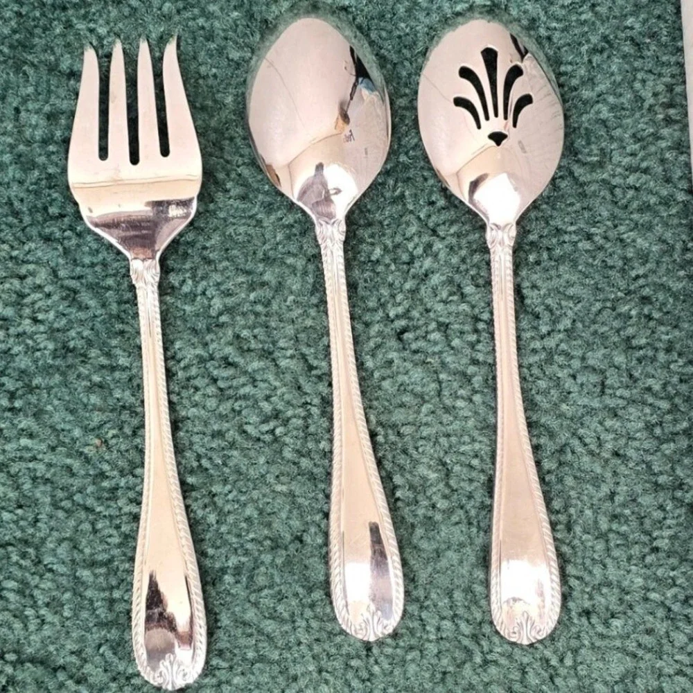 Lenox Tudor Bead Serving 3pc‎ set Fork Spoon Pierced Spoon 18/10 Stainless Steel